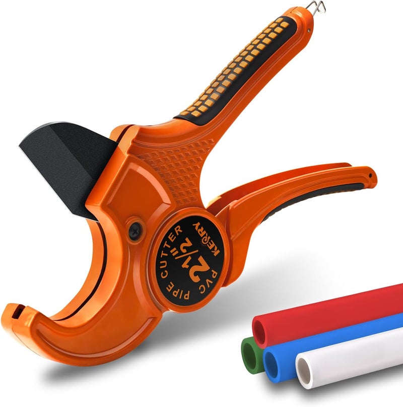 KERRY PVC Pipe Cutter with SK5 Blade, Outer Diameter Up to 2-1/2" Ratcheting Heavy-Duty PEX POLY PE PPR Plastic Hoses and Plumbing Tube Cutting Tool, Thicken Aluminum Body Efficient Extended Handle - Image 1